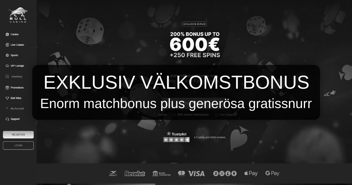 Bull Casino bonus med upp till 5 000 euro och 250 gratissnurr